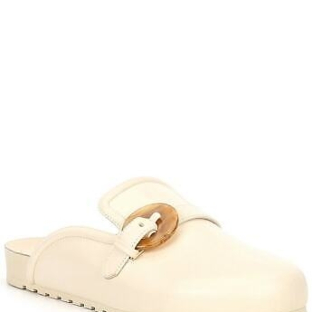 Deltan Brynn Leather Buckle Bohemian Lagan Look Mules SZ 7.5 Ivory leather